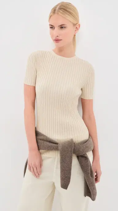 The Elder Statesman Superlight Ellie Rib Knit Cashmere Tee Natural | Thumbnail 2