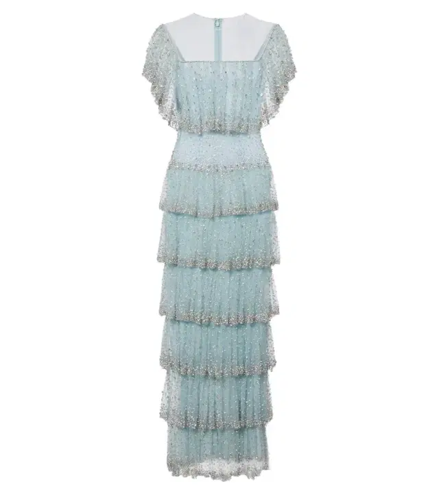 Costarellos Crystal-embellished tiered mesh gown