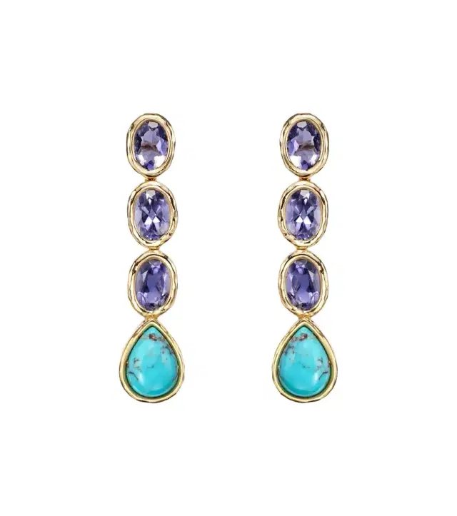 18kt gold drop earrings with iolite and turquoise