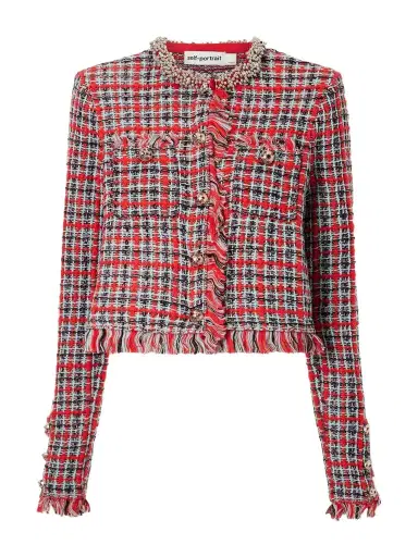 Self-Portrait Embellished Cotton And Wool-blend Bouclé-knit Frayed Jacket | Thumbnail 1 Self-Portrait Embellished Cotton And Wool-blend Bouclé-knit Frayed Jacket | Thumbnail 1