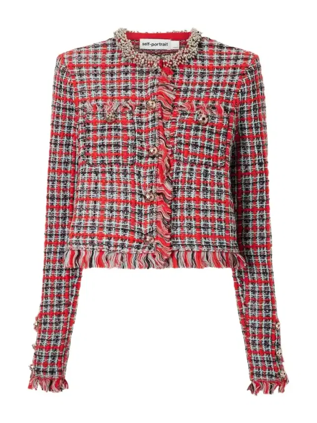 Self-Portrait Embellished Cotton And Wool-blend Bouclé-knit Frayed Jacket