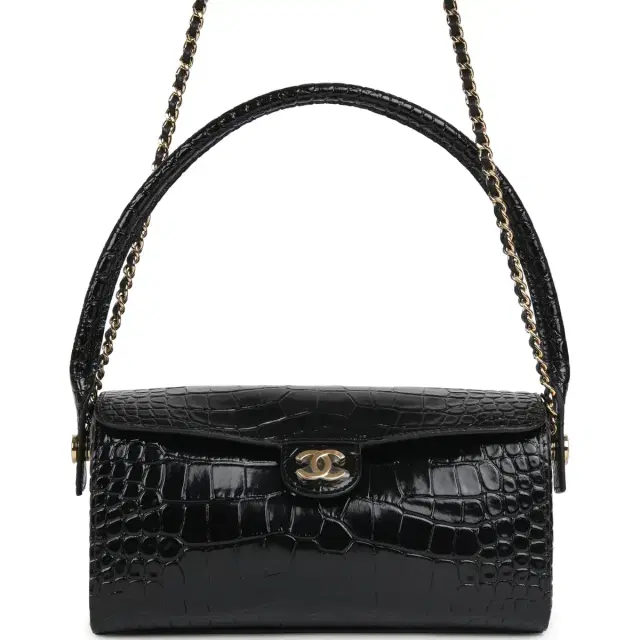 Chanel Barrel Clutch Bag with Chain Black Croc Embossed Calfskin Gold Hardware