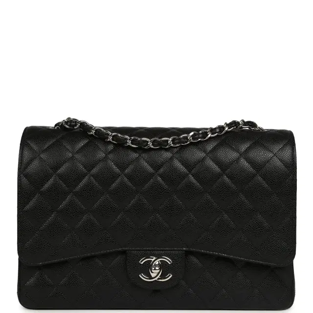 Chanel Maxi Classic Double Flap Bag Black Caviar Silver Hardware