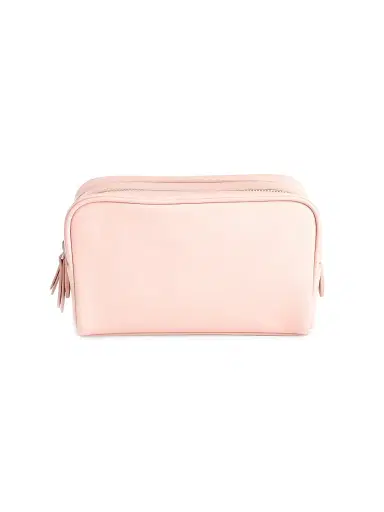 Royce New York Women's Double Zip Leather Toiletry Bag - Blush Pink | Thumbnail 1