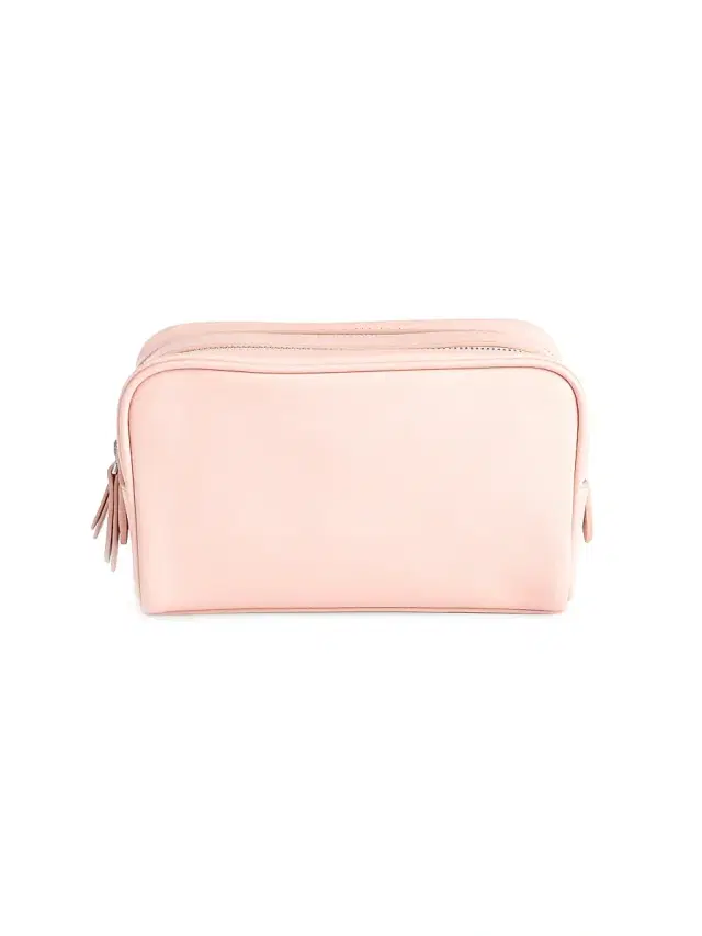 Royce New York Women's Double Zip Leather Toiletry Bag - Blush Pink