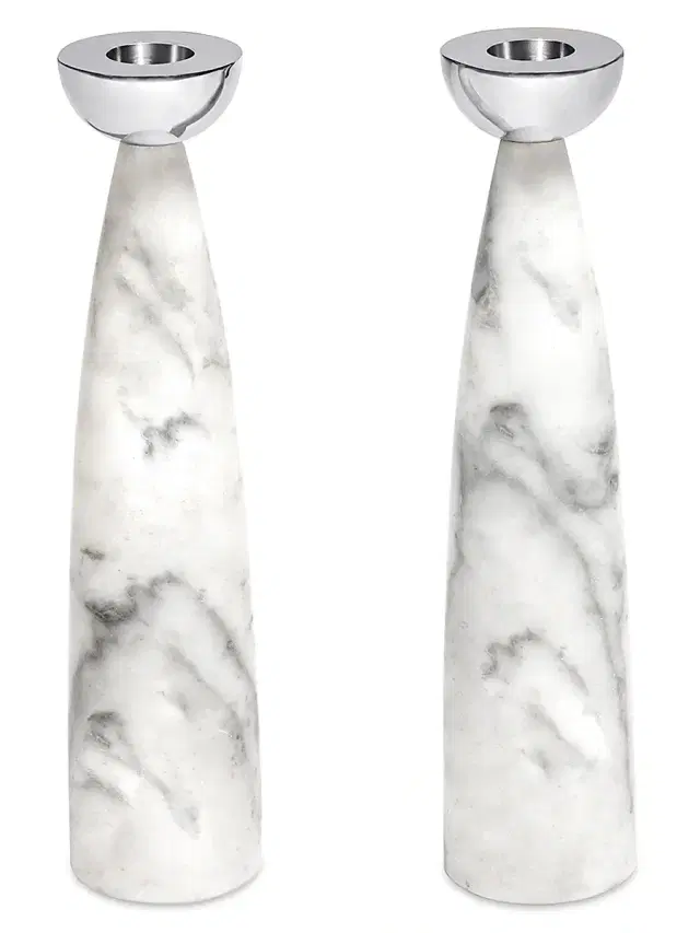 ANNA New York Coluna 2-Piece Carrara Marble & Steel Candlestick Set - Silver