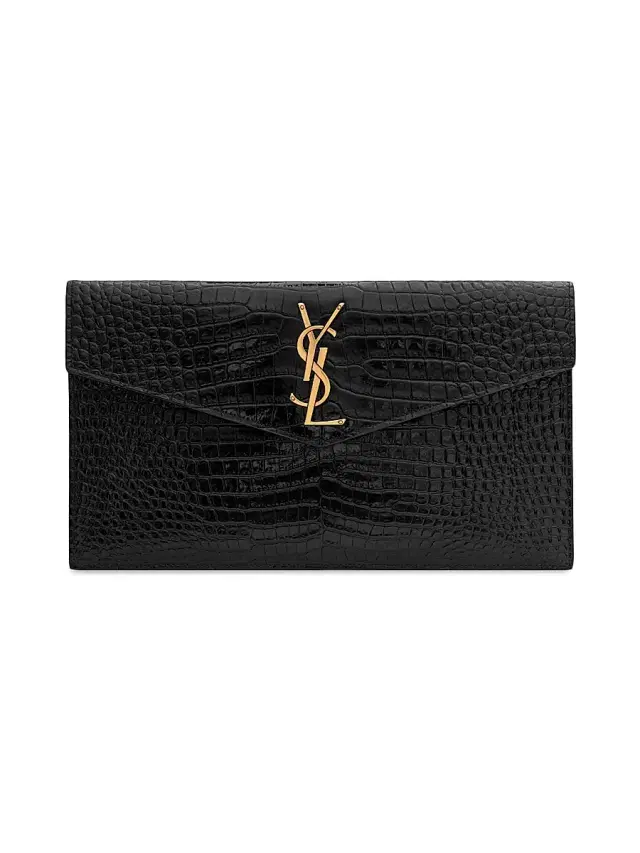 Saint Laurent Women's Uptown Pouch in Crocodile-Embossed Shiny Leather - Noir