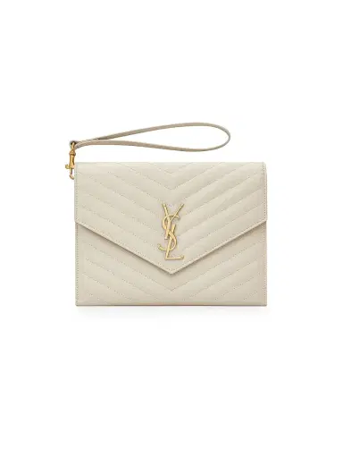 Saint Laurent Women's Cassandre Matelasse Flap Pouch in Quilted Grain De Poudre Embossed Leather - Crema Soft | Thumbnail 1
