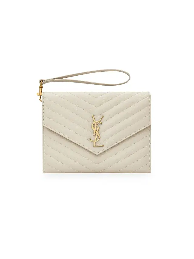 Saint Laurent Women's Cassandre Matelasse Flap Pouch in Quilted Grain De Poudre Embossed Leather - Crema Soft