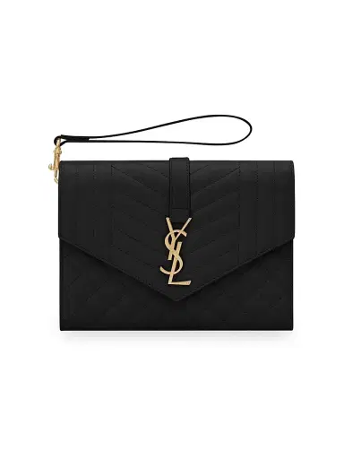 Saint Laurent Women's Envelope Flap Pouch In Mix Matelassé Grain De Poudre Embossed Leather - Nero | Thumbnail 1