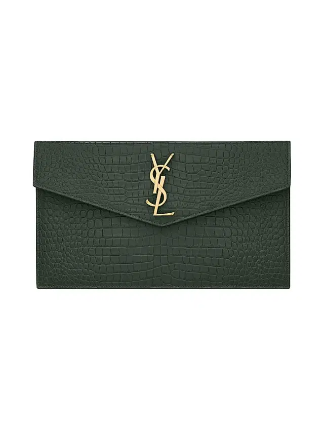 Saint Laurent Women's Uptown Pouch in Crocodile-Embossed Shiny Leather - Mint