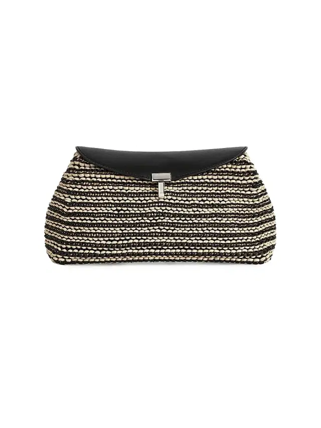 Women's T-Lock Woven Leather Clutch - Black Sand