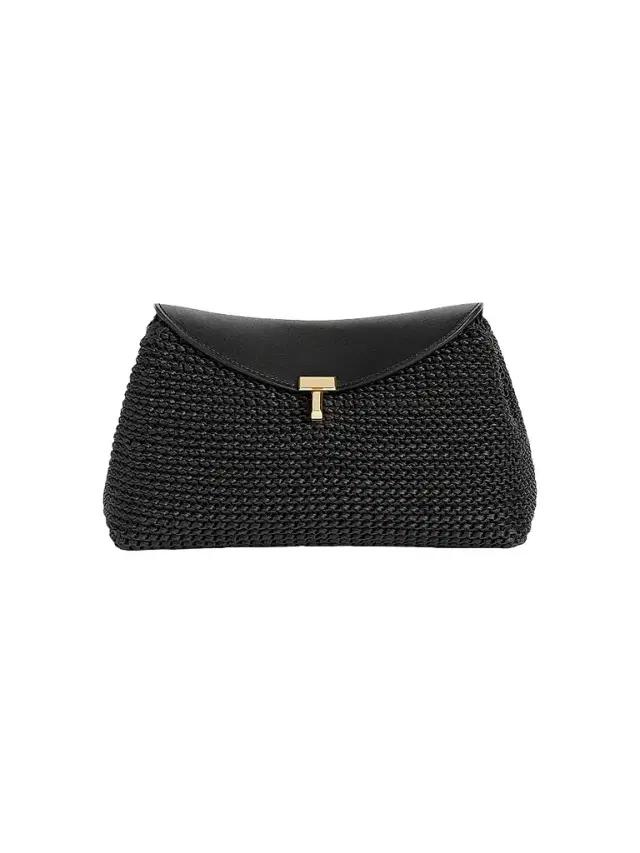 Women's T-Lock Woven Leather Clutch - Black