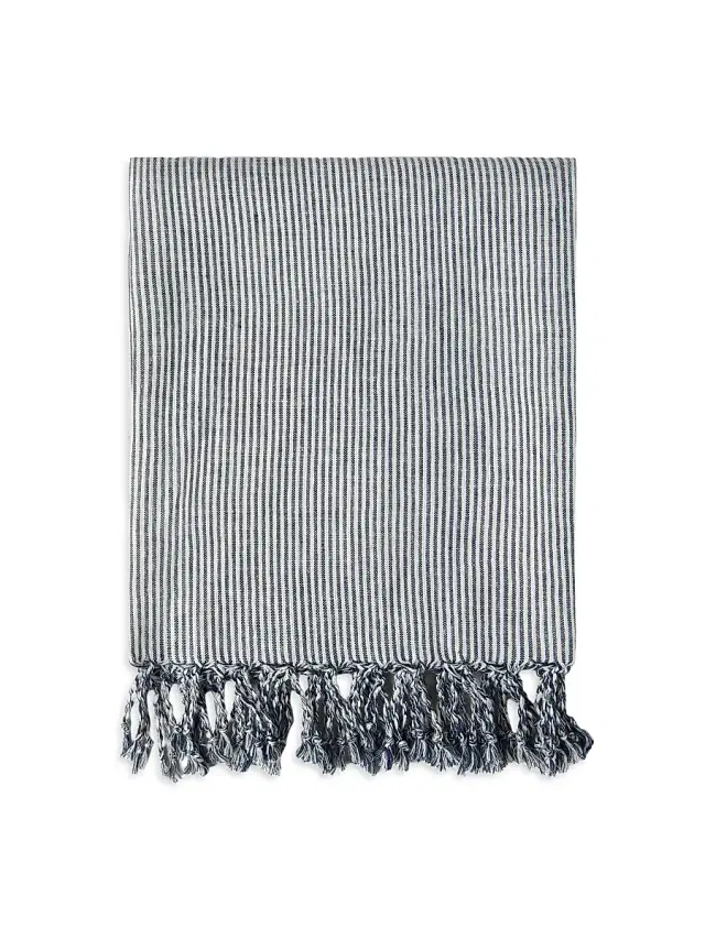 Brunello Cucinelli Striped Linen Lightweight Throw with Fringe - Blue