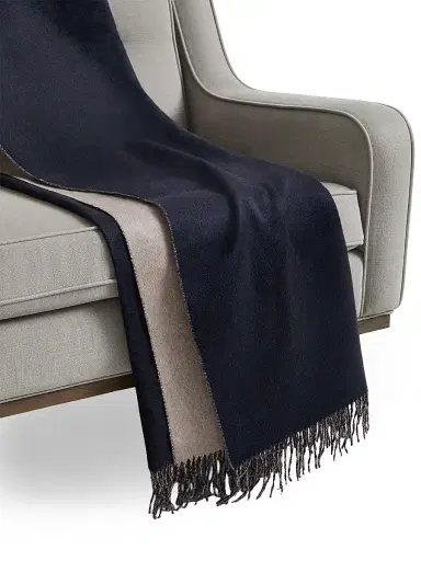 Brunello Cucinelli Silk Double Cloth Throw with Fringe - Blue | Thumbnail 2