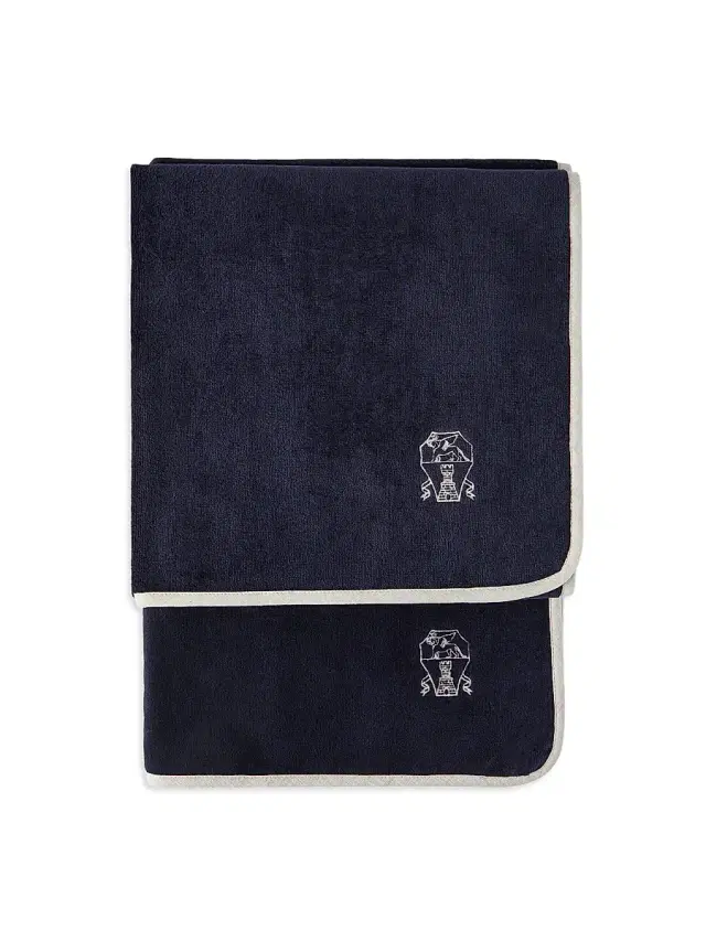 Brunello Cucinelli 2 Piece Cotton Terrycloth Bath Towel Set with Embroidery - Navy Blue