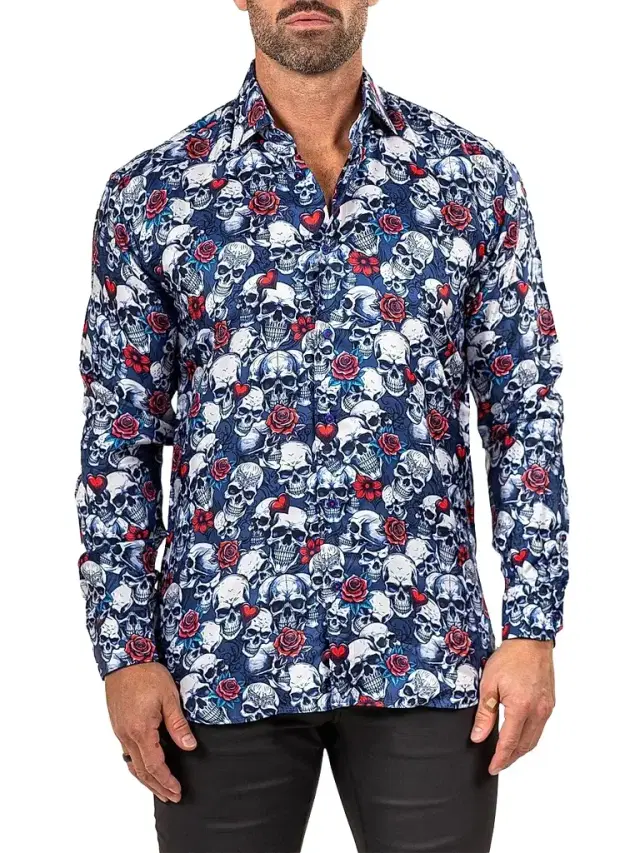 Maceoo Men's Fibonacci Marthyr Skull Rose Shirt - Multicolored