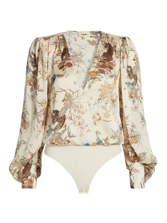 L'AGENCE Women's Kyoto Printed Blouson-Sleeve Bodysuit - Ecru Multi Tapestry Jungle