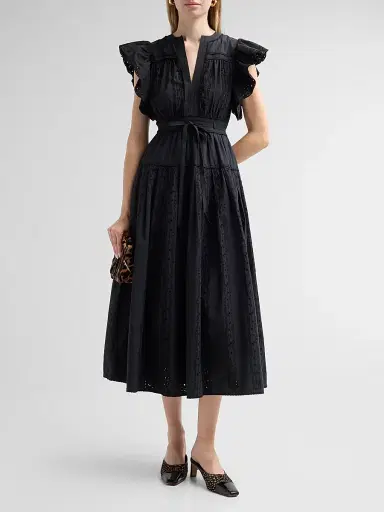 Ulla Johnson Women's Dani Eyelet Cotton Midi Dress - Noir - Size 14 | Thumbnail 2