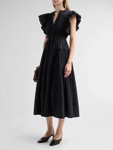 Ulla Johnson Women's Dani Eyelet Cotton Midi Dress - Noir - Size 14 | Thumbnail 4