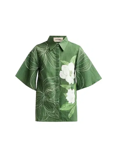 VERANDAH Women's Bejewelled Floral Bell Sleeve Shirt - Emerald Linear Magnolia | Thumbnail 1 VERANDAH Women's Bejewelled Floral Bell Sleeve Shirt - Emerald Linear Magnolia | Thumbnail 1