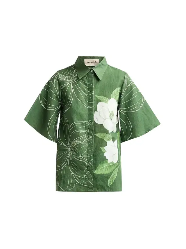 Verandah Women's Bejewelled Floral Bell Sleeve Shirt - Emerald Linear Magnolia
