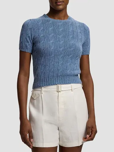 Ralph Lauren Collection Women's Cable-Knit Cashmere Cropped Sweater - Chambray Melange - Size XS | Thumbnail 3