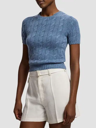 Ralph Lauren Collection Women's Cable-Knit Cashmere Cropped Sweater - Chambray Melange - Size XS | Thumbnail 4