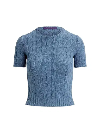 Ralph Lauren Collection Women's Cable-Knit Cashmere Cropped Sweater - Chambray Melange - Size XS | Thumbnail 1