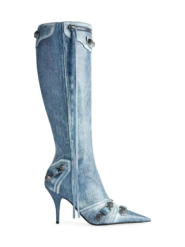 Balenciaga Women's Cagole 90MM Boots Denim Print - Blue