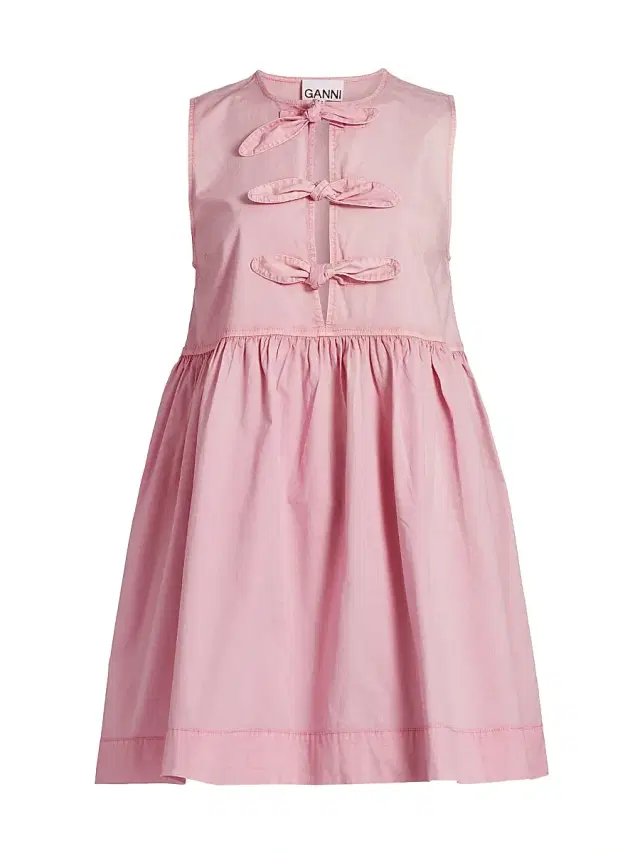 Ganni Women's Bow Stretch-Cotton Sleeveless Minidress - Bleached Mauve