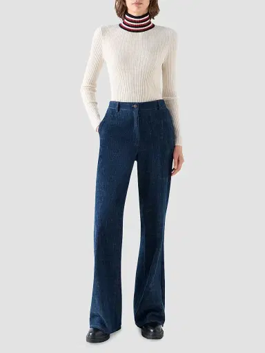 Akris punto Women's Stripe Mock Turtleneck Wool Sweater - Cream Navy Rusty Red - Size 16 | Thumbnail 2