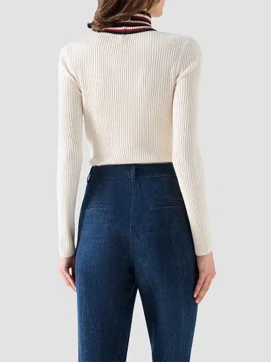 Akris punto Women's Stripe Mock Turtleneck Wool Sweater - Cream Navy Rusty Red - Size 16 | Thumbnail 3