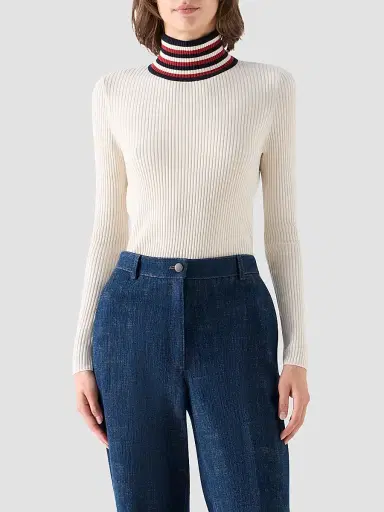 Akris punto Women's Stripe Mock Turtleneck Wool Sweater - Cream Navy Rusty Red - Size 16 | Thumbnail 4