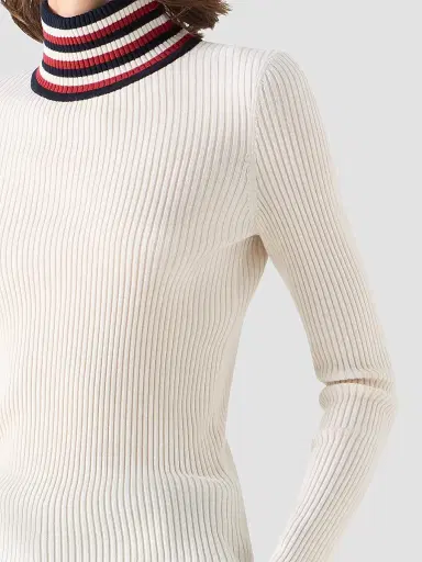 Akris punto Women's Stripe Mock Turtleneck Wool Sweater - Cream Navy Rusty Red - Size 16 | Thumbnail 5
