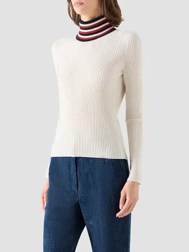Akris punto Women's Stripe Mock Turtleneck Wool Sweater - Cream Navy Rusty Red - Size 16 | Thumbnail 6