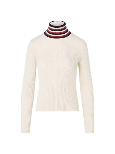 Akris punto Women's Stripe Mock Turtleneck Wool Sweater - Cream Navy Rusty Red - Size 16 | Thumbnail 1