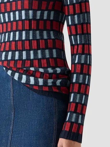 Akris punto Women's Block Wool Knit Long-Sleeve Top - Navy Rusty Red Light - Size 16 | Thumbnail 5