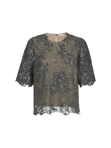 Brunello Cucinelli Women's Dazzling Lace Embroidery T-Shirt - Dark Grey | Thumbnail 1 Brunello Cucinelli Women's Dazzling Lace Embroidery T-Shirt - Dark Grey | Thumbnail 1
