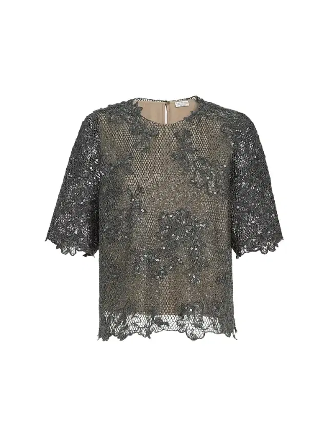 Brunello Cucinelli Women's Dazzling Lace Embroidery T-Shirt - Dark Grey