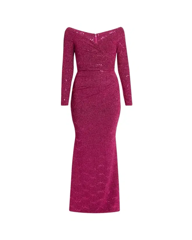 Talbot Runhof Sequined Off-Shoulder Long-Sleeve Gown