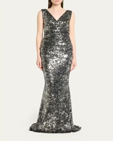 Talbot Runhof Sequined V-Neck Sleeveless Mermaid Gown | Thumbnail 2