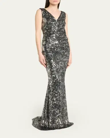 Talbot Runhof Sequined V-Neck Sleeveless Mermaid Gown | Thumbnail 4