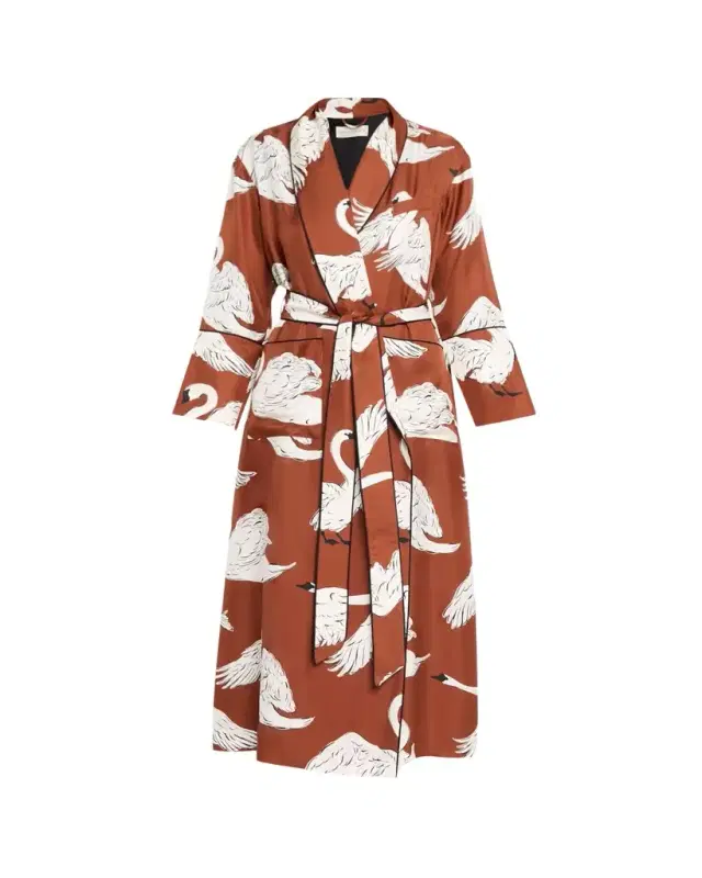 Olivia von Halle Capability Swan-Print Silk Robe