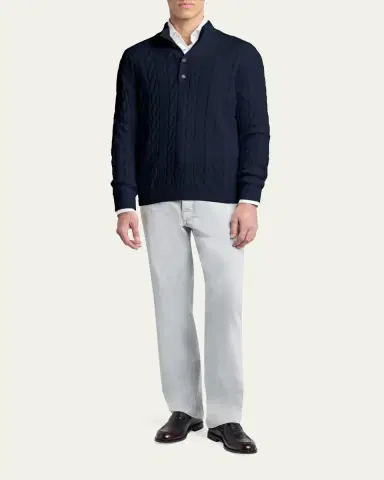 Kiton Men's 3-Ply Cashere Cable Knit Mock Neck Sweater | Thumbnail 2