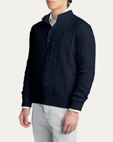 Kiton Men's 3-Ply Cashere Cable Knit Mock Neck Sweater | Thumbnail 4
