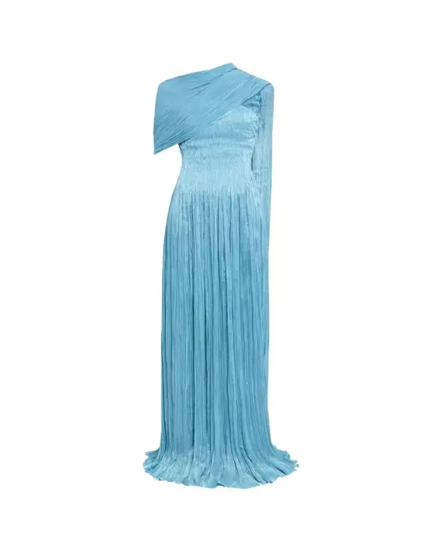MARMAR HALIM Roseya Pleated Satin Draped Cape Gown