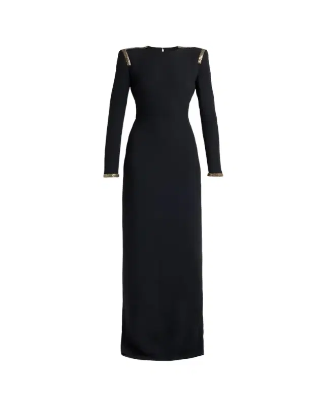TOM FORD Long-Sleeve Chainmail-Trim Silk Column Gown