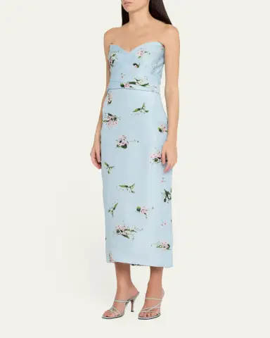 Monique Lhuillier Strapless Posie Print Silk Midi Cocktail Dress | Thumbnail 4 Monique Lhuillier Strapless Posie Print Silk Midi Cocktail Dress | Thumbnail 4
