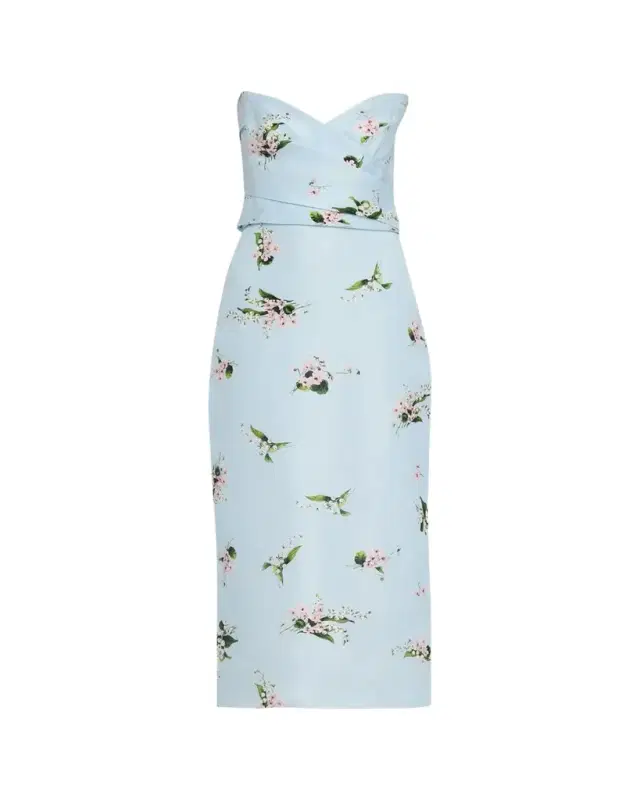 Monique Lhuillier Strapless Posie Print Silk Midi Cocktail Dress